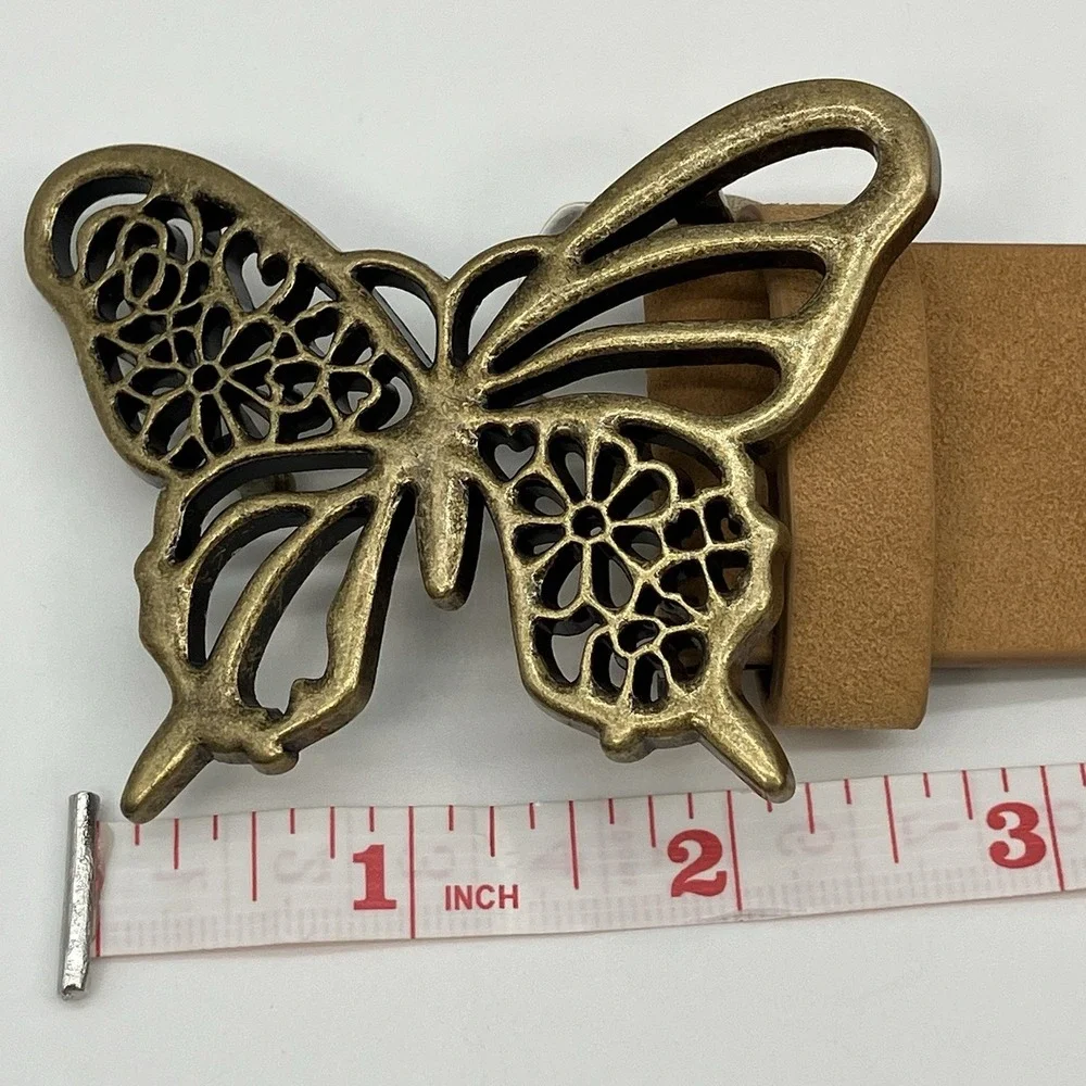 Butterfly Buckle Tan Faux Leather Belt Womens L Boho Fairy Cowgirl Hippie Whimsy